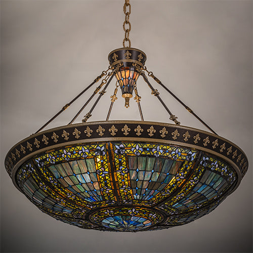 Meyda Lighting Fleur-de-lis 19807 45" 10-Light Copper Vein & Gold Inverted Pendant Light With Multi-Colored Shade Glass