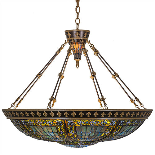 Meyda Lighting Fleur-de-lis 19807 45" 10-Light Copper Vein & Gold Inverted Pendant Light With Multi-Colored Shade Glass