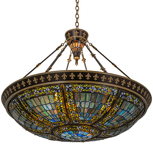 Meyda Lighting Fleur-de-lis 19807 45" 10-Light Copper Vein & Gold Inverted Pendant Light With Multi-Colored Shade Glass