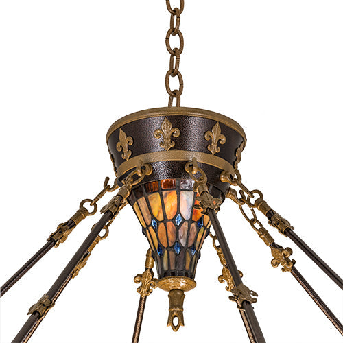 Meyda Lighting Fleur-de-lis 19807 45" 10-Light Copper Vein & Gold Inverted Pendant Light With Multi-Colored Shade Glass
