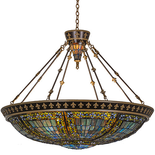 Meyda Lighting Fleur-de-lis 19807 45" 10-Light Copper Vein & Gold Inverted Pendant Light With Multi-Colored Shade Glass