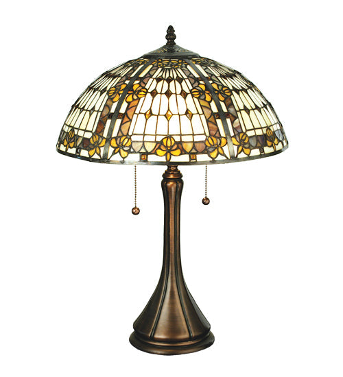 Meyda Lighting Fleur-de-lis 23" 2-Light Mahogany Bronze Table Lamp With Multi-Colored Stained Shade Glass