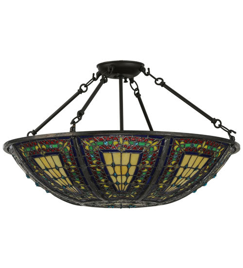 Meyda Lighting Fleur-de-lis 24" 4-Light Oil Rubbed Bronze Semi-flush Mount Ceiling Light With Multi-Colored Shade Glass