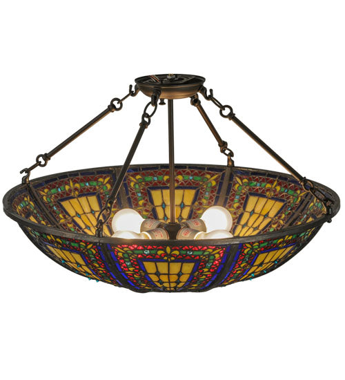 Meyda Lighting Fleur-de-lis 24" 4-Light Oil Rubbed Bronze Semi-flush Mount Ceiling Light With Multi-Colored Shade Glass