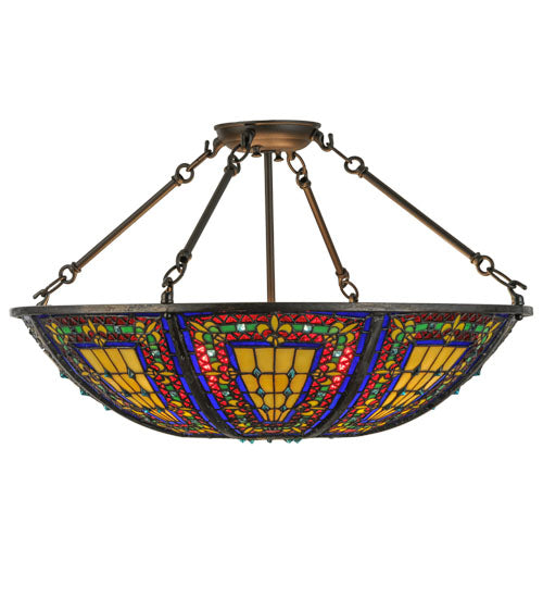 Meyda Lighting Fleur-de-lis 24" 4-Light Oil Rubbed Bronze Semi-flush Mount Ceiling Light With Multi-Colored Shade Glass