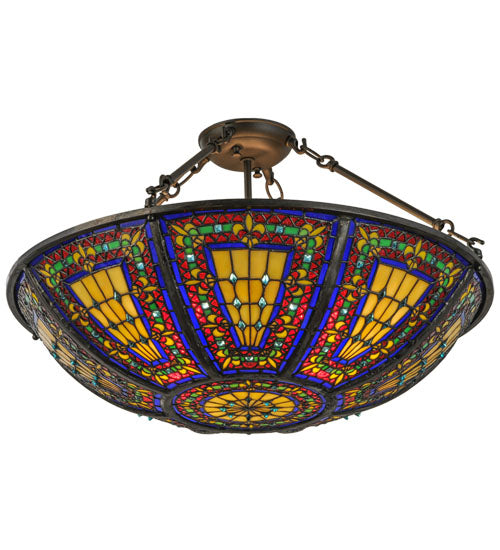 Meyda Lighting Fleur-de-lis 24" 4-Light Oil Rubbed Bronze Semi-flush Mount Ceiling Light With Multi-Colored Shade Glass