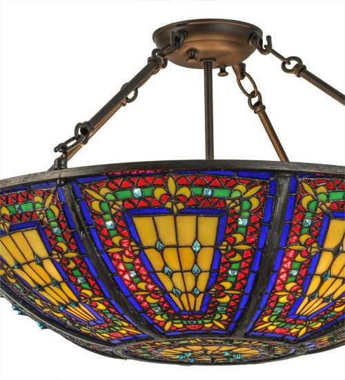 Meyda Lighting Fleur-de-lis 24" 4-Light Oil Rubbed Bronze Semi-flush Mount Ceiling Light With Multi-Colored Shade Glass