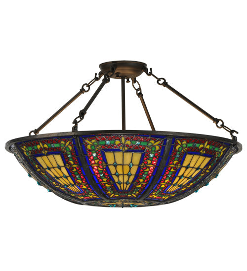 Meyda Lighting Fleur-de-lis 24" 4-Light Oil Rubbed Bronze Semi-flush Mount Ceiling Light With Multi-Colored Shade Glass