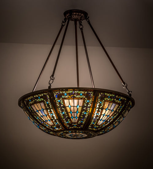Meyda Lighting Fleur-de-lis 24" 8-Light Mahogany Bronze Inverted Pendant Light With Multi-Colored Shade Glass