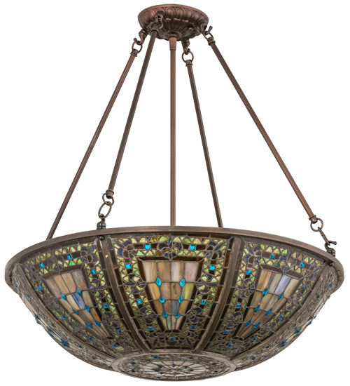 Meyda Lighting Fleur-de-lis 24" 8-Light Mahogany Bronze Inverted Pendant Light With Multi-Colored Shade Glass