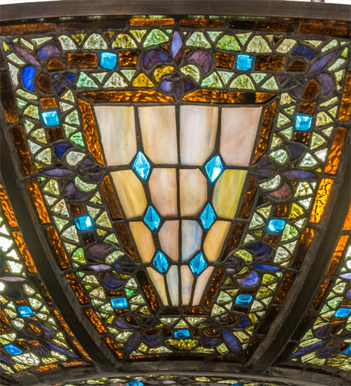 Meyda Lighting Fleur-de-lis 24" 8-Light Mahogany Bronze Inverted Pendant Light With Multi-Colored Shade Glass