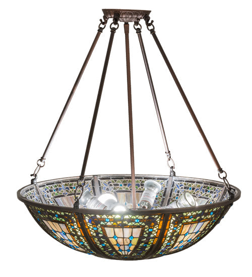 Meyda Lighting Fleur-de-lis 24" 8-Light Mahogany Bronze Inverted Pendant Light With Multi-Colored Shade Glass