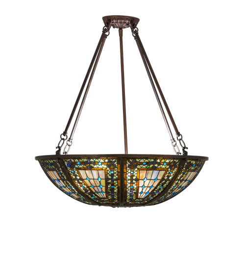 Meyda Lighting Fleur-de-lis 24" 8-Light Mahogany Bronze Inverted Pendant Light With Multi-Colored Shade Glass