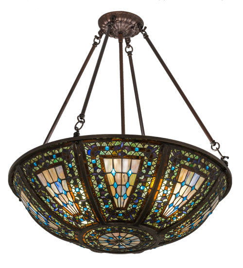 Meyda Lighting Fleur-de-lis 24" 8-Light Mahogany Bronze Inverted Pendant Light With Multi-Colored Shade Glass