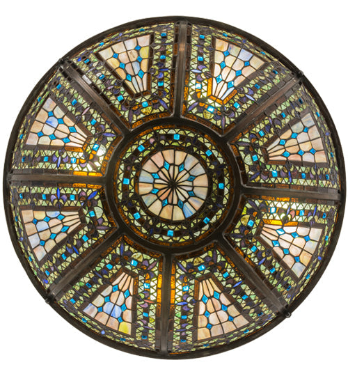 Meyda Lighting Fleur-de-lis 24" 8-Light Mahogany Bronze Inverted Pendant Light With Multi-Colored Shade Glass