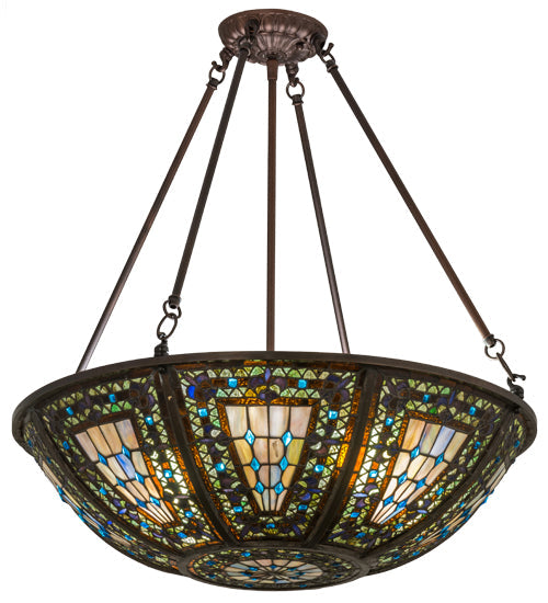 Meyda Lighting Fleur-de-lis 24" 8-Light Mahogany Bronze Inverted Pendant Light With Multi-Colored Shade Glass