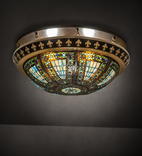 Meyda Lighting Fleur-de-lis 244486 28" 4-Light Copper Vein & Antique Gold Flush Mount Light With Multi-Colored Stained Shade Glass