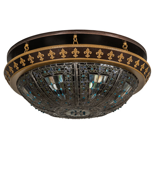 Meyda Lighting Fleur-de-lis 244486 28" 4-Light Copper Vein & Antique Gold Flush Mount Light With Multi-Colored Stained Shade Glass