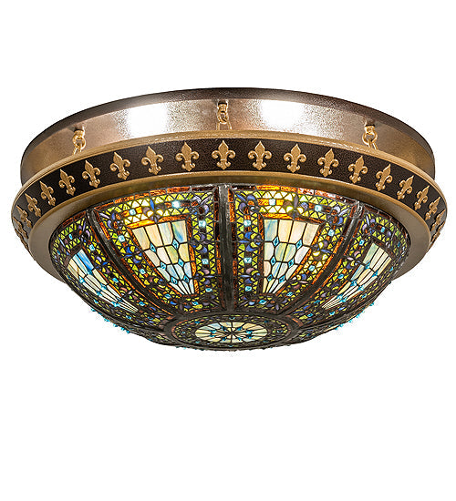 Meyda Lighting Fleur-de-lis 244486 28" 4-Light Copper Vein & Antique Gold Flush Mount Light With Multi-Colored Stained Shade Glass