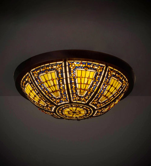 Meyda Lighting Fleur-de-lis 26" 4-Light Mahogany Bronze Flush Mount Light With Multi-Colored Shade Glass