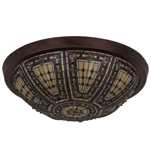 Meyda Lighting Fleur-de-lis 26" 4-Light Mahogany Bronze Flush Mount Light With Multi-Colored Shade Glass