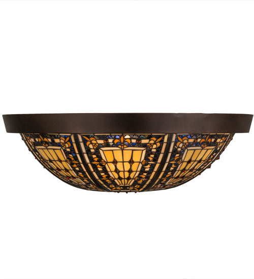 Meyda Lighting Fleur-de-lis 26" 4-Light Mahogany Bronze Flush Mount Light With Multi-Colored Shade Glass