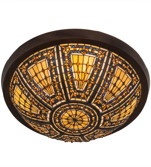 Meyda Lighting Fleur-de-lis 26" 4-Light Mahogany Bronze Flush Mount Light With Multi-Colored Shade Glass