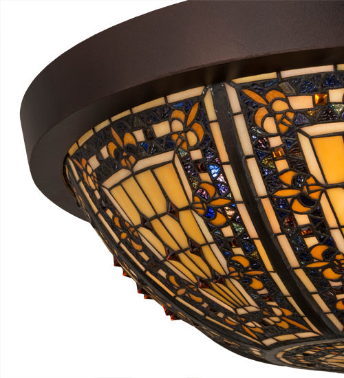Meyda Lighting Fleur-de-lis 26" 4-Light Mahogany Bronze Flush Mount Light With Multi-Colored Shade Glass