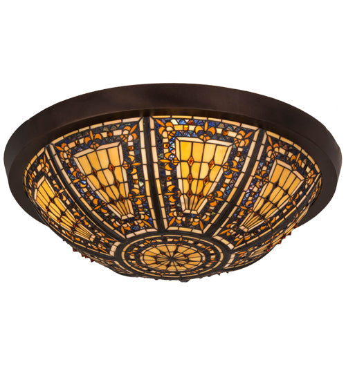 Meyda Lighting Fleur-de-lis 26" 4-Light Mahogany Bronze Flush Mount Light With Multi-Colored Shade Glass