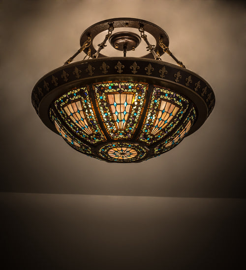 Meyda Lighting Fleur-de-lis 28" 4-Light Copper Vein Semi-flush Mount Light With Multi-Colored Shade Glass