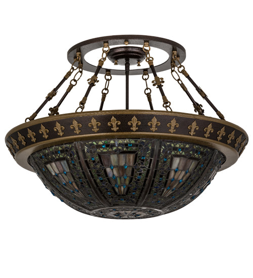 Meyda Lighting Fleur-de-lis 28" 4-Light Copper Vein Semi-flush Mount Light With Multi-Colored Shade Glass