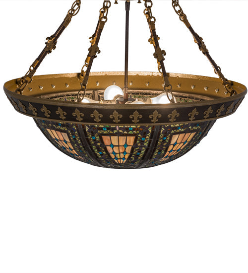 Meyda Lighting Fleur-de-lis 28" 4-Light Copper Vein Semi-flush Mount Light With Multi-Colored Shade Glass
