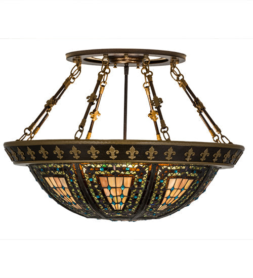 Meyda Lighting Fleur-de-lis 28" 4-Light Copper Vein Semi-flush Mount Light With Multi-Colored Shade Glass