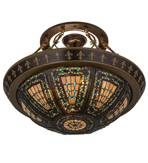 Meyda Lighting Fleur-de-lis 28" 4-Light Copper Vein Semi-flush Mount Light With Multi-Colored Shade Glass