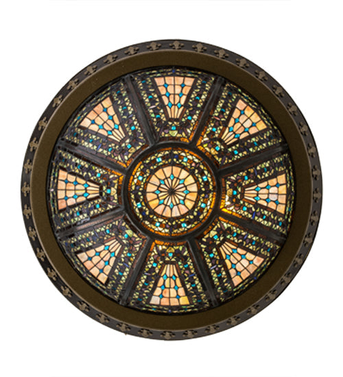 Meyda Lighting Fleur-de-lis 28" 4-Light Copper Vein Semi-flush Mount Light With Multi-Colored Shade Glass