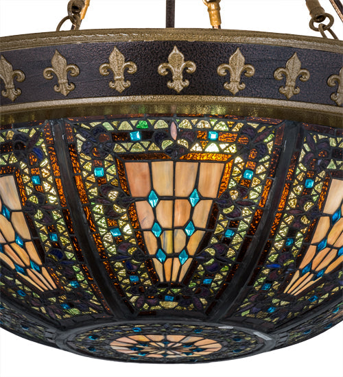 Meyda Lighting Fleur-de-lis 28" 4-Light Copper Vein Semi-flush Mount Light With Multi-Colored Shade Glass