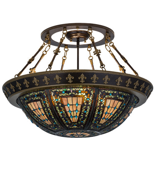 Meyda Lighting Fleur-de-lis 28" 4-Light Copper Vein Semi-flush Mount Light With Multi-Colored Shade Glass