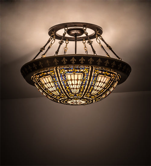 Meyda Lighting Fleur-de-lis 28" 4-Light Semi-flush Mount Ceiling Light With Multi-Colored Shade Glass