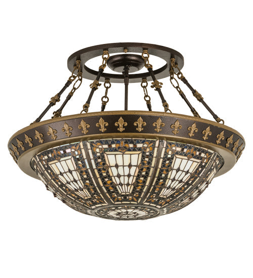 Meyda Lighting Fleur-de-lis 28" 4-Light Semi-flush Mount Ceiling Light With Multi-Colored Shade Glass