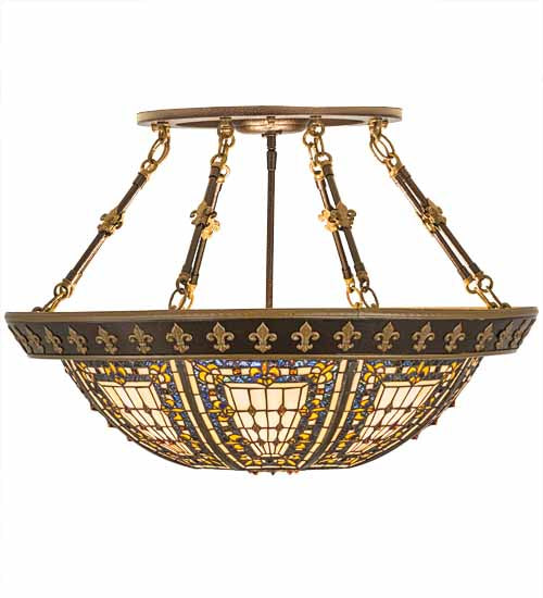 Meyda Lighting Fleur-de-lis 28" 4-Light Semi-flush Mount Ceiling Light With Multi-Colored Shade Glass
