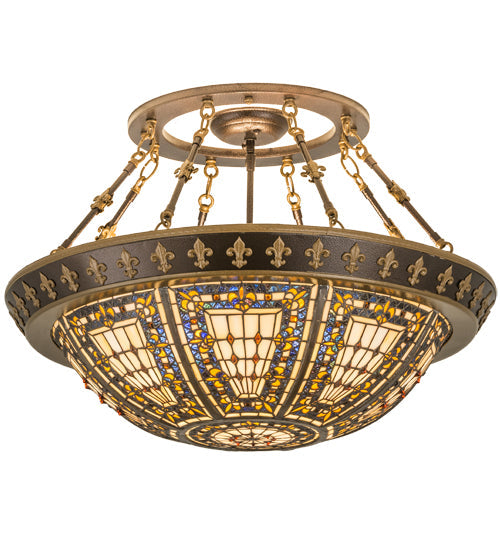 Meyda Lighting Fleur-de-lis 28" 4-Light Semi-flush Mount Ceiling Light With Multi-Colored Shade Glass