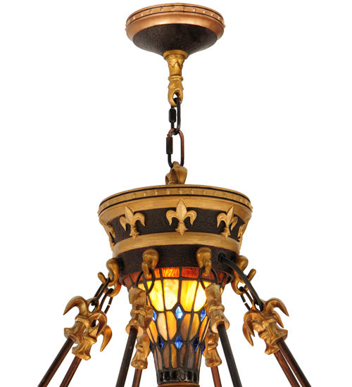 Meyda Lighting Fleur-de-lis 28" 6-Light Copper Vein & Gold Inverted Pendant Light With Multi-Colored Shade Glass