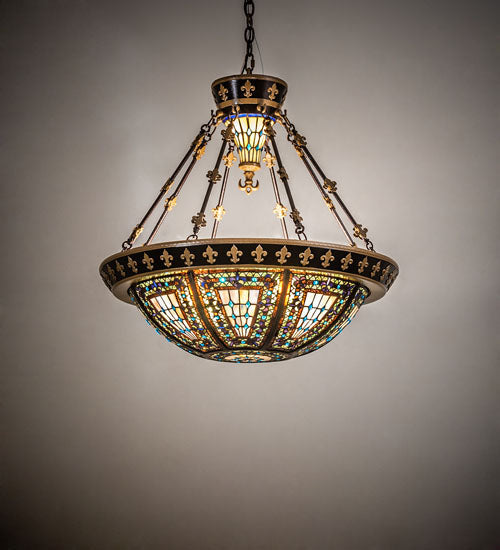 Meyda Lighting Fleur-de-lis 28" 6-Light Copper Vein & Gold Inverted Pendant Light With Multi-Colored Shade Glass