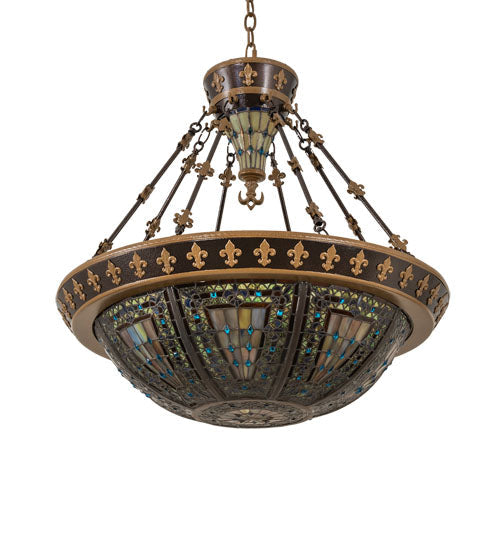 Meyda Lighting Fleur-de-lis 28" 6-Light Copper Vein & Gold Inverted Pendant Light With Multi-Colored Shade Glass