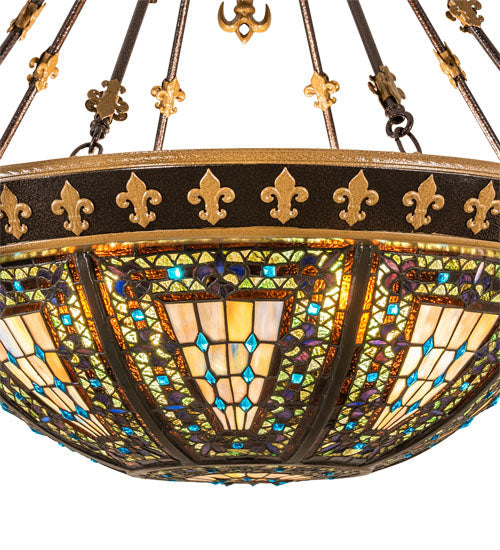 Meyda Lighting Fleur-de-lis 28" 6-Light Copper Vein & Gold Inverted Pendant Light With Multi-Colored Shade Glass