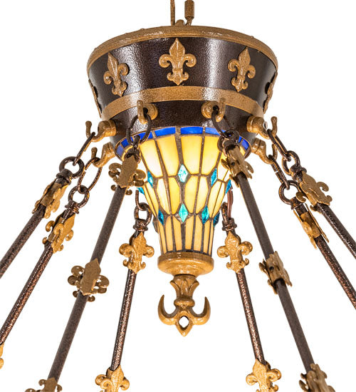 Meyda Lighting Fleur-de-lis 28" 6-Light Copper Vein & Gold Inverted Pendant Light With Multi-Colored Shade Glass