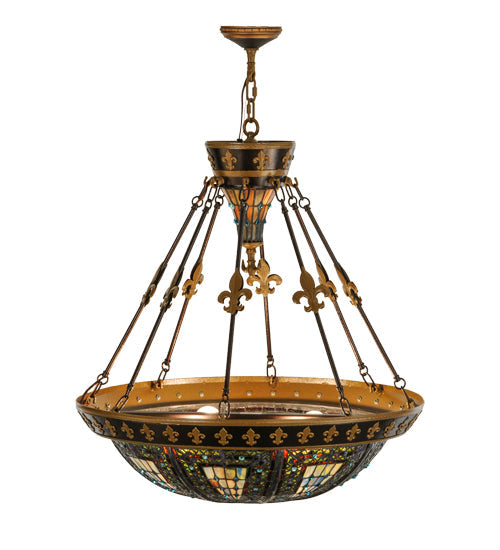 Meyda Lighting Fleur-de-lis 28" 6-Light Copper Vein & Gold Inverted Pendant Light With Multi-Colored Shade Glass