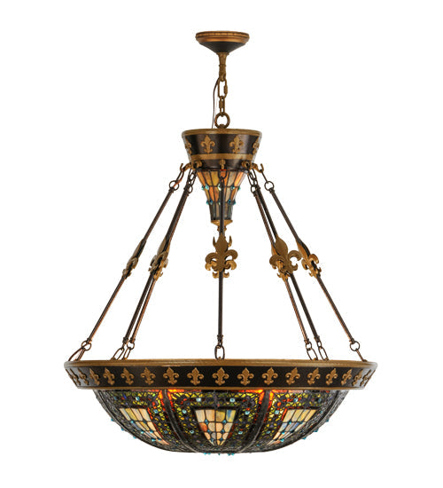 Meyda Lighting Fleur-de-lis 28" 6-Light Copper Vein & Gold Inverted Pendant Light With Multi-Colored Shade Glass