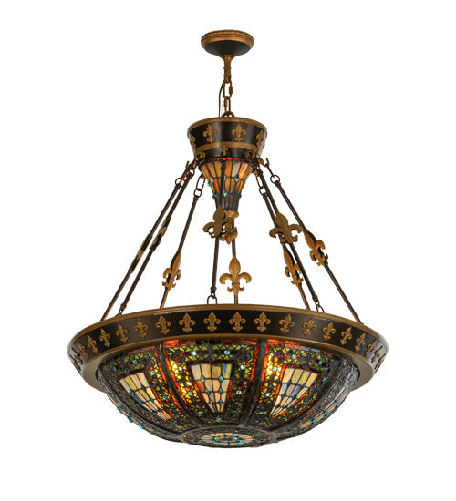 Meyda Lighting Fleur-de-lis 28" 6-Light Copper Vein & Gold Inverted Pendant Light With Multi-Colored Shade Glass