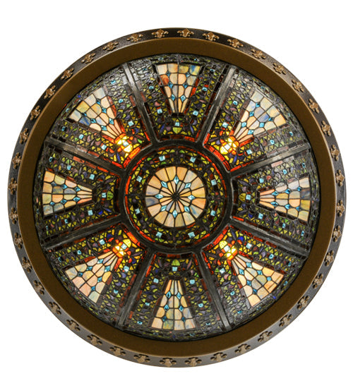 Meyda Lighting Fleur-de-lis 28" 6-Light Copper Vein & Gold Inverted Pendant Light With Multi-Colored Shade Glass